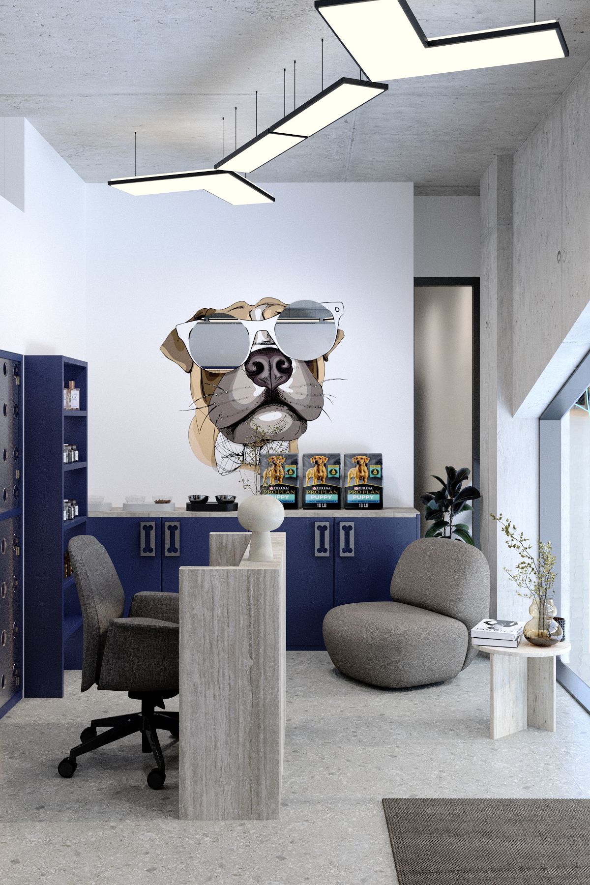 Grooming salon interior in Prague highlighting a client waiting zone with custom travertine tables, lounge seating, deep blue built-in cabinetry, expressive dog wall graphic and bone-shaped lighting as part of an industrial minimalism interior architecture
