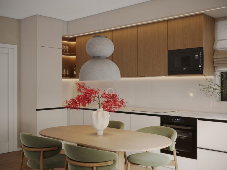 Residential kitchen dining interior with built-in oak cabinetry, white kitchen units, integrated lighting, natural wood table and soft material palette creating a calm contemporary living space