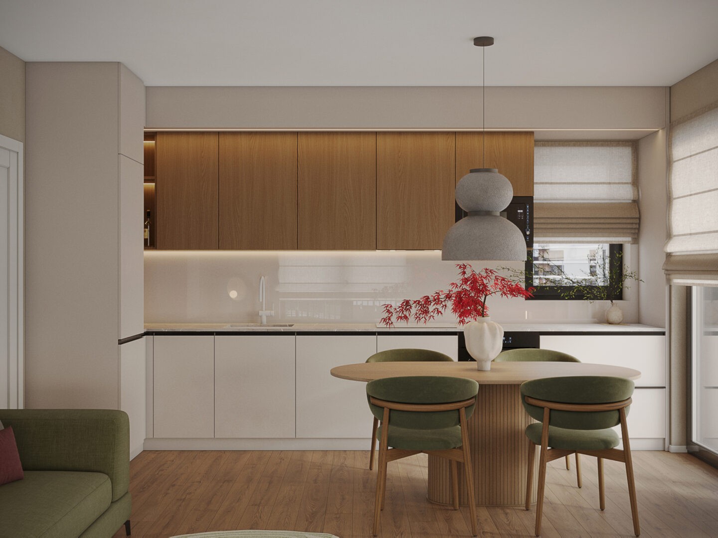 Residential kitchen and dining area with oak upper cabinetry, white built-in kitchen units, soft diffused lighting, natural wood flooring and minimal material palette creating a calm contemporary interior architecture