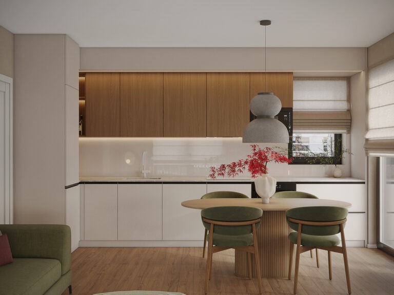 Residential kitchen and dining area with oak upper cabinetry, white built-in kitchen units, soft diffused lighting, natural wood flooring and minimal material palette creating a calm contemporary interior architecture
